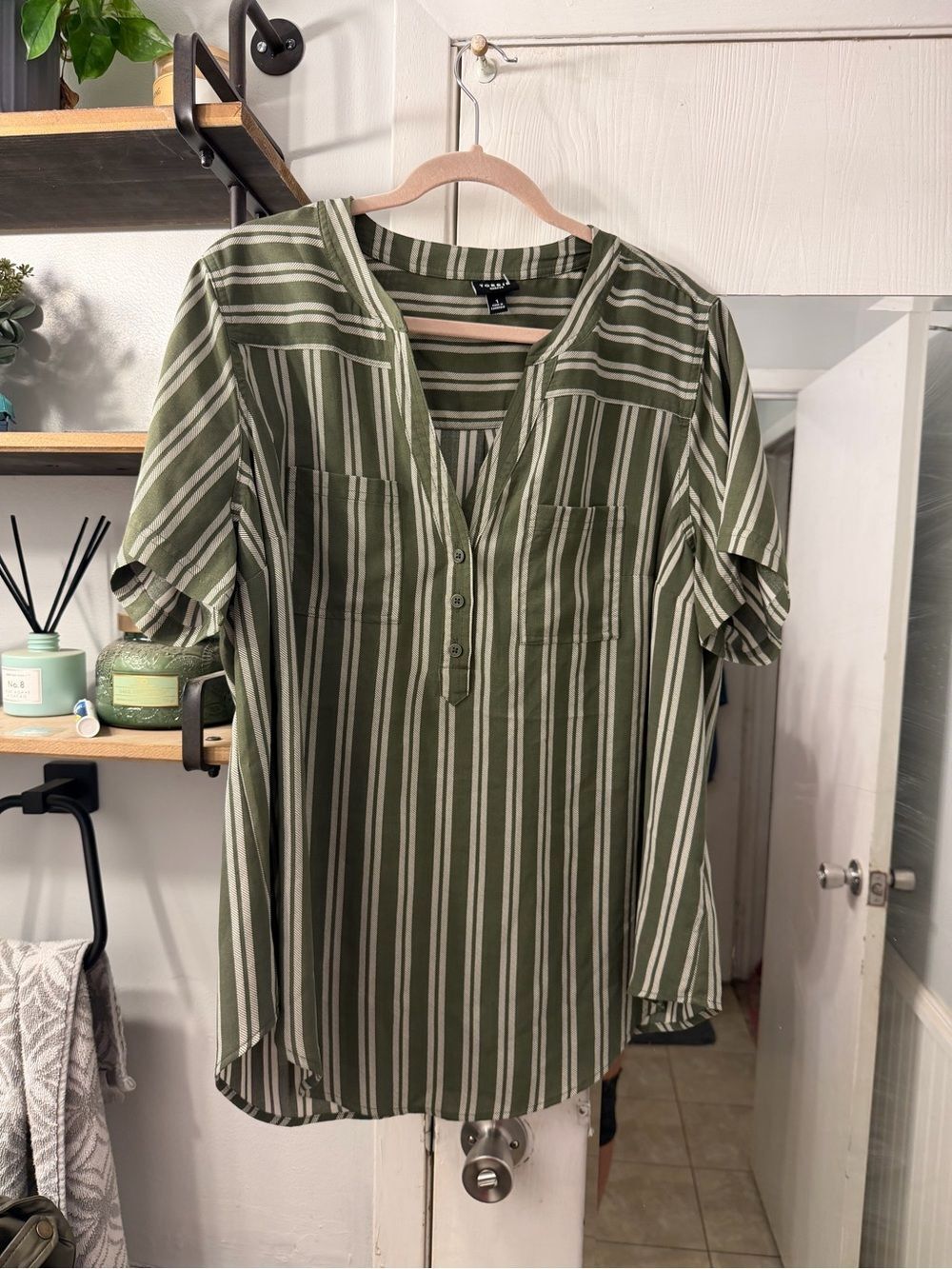 torrid Olive and White Vertical-Stripe Split V Tunic